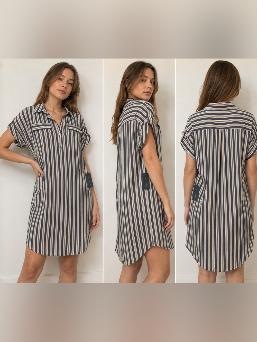 Tommy Hilfiger Striped Shirt Dress NWT Size 12 Blue Beige Roll Tab Sleeve